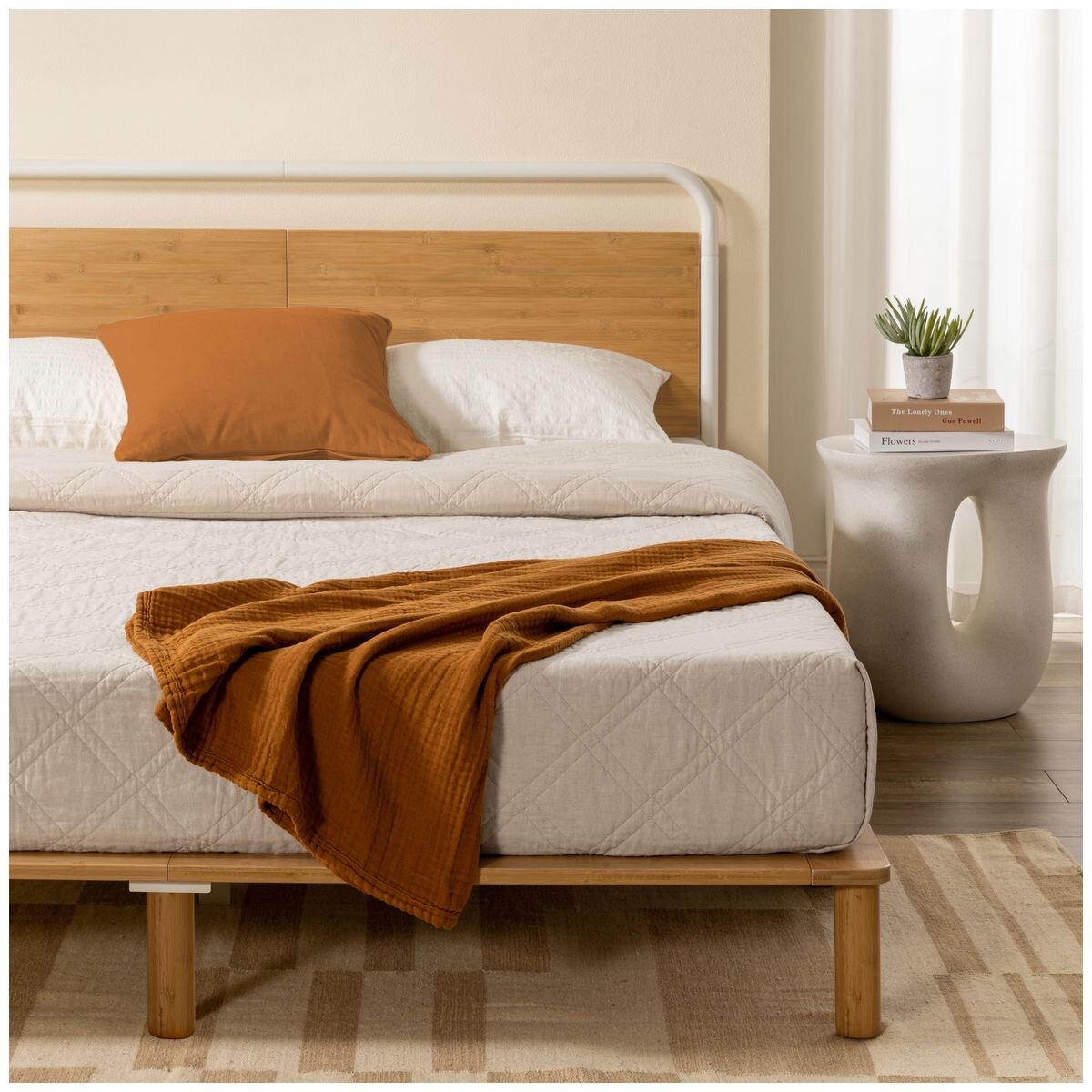 Zinus Arden queen bamboo bed frame - curved pipe headboard, powder-coated steel - AU-FPWNH9ZC-08Q
