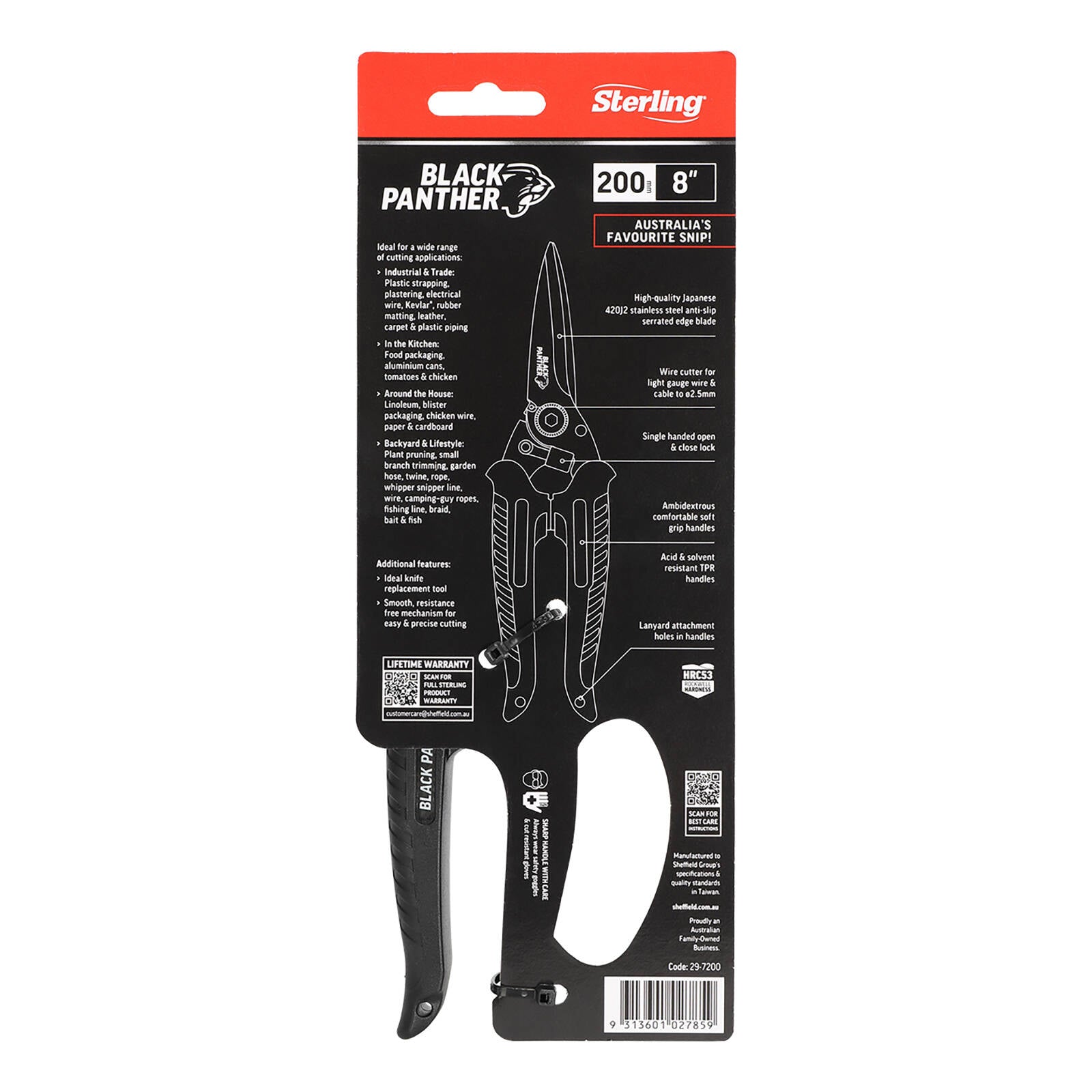 Sterling 200mm Black Panther Industrial Snips - Serrated Anti-Slip Blade