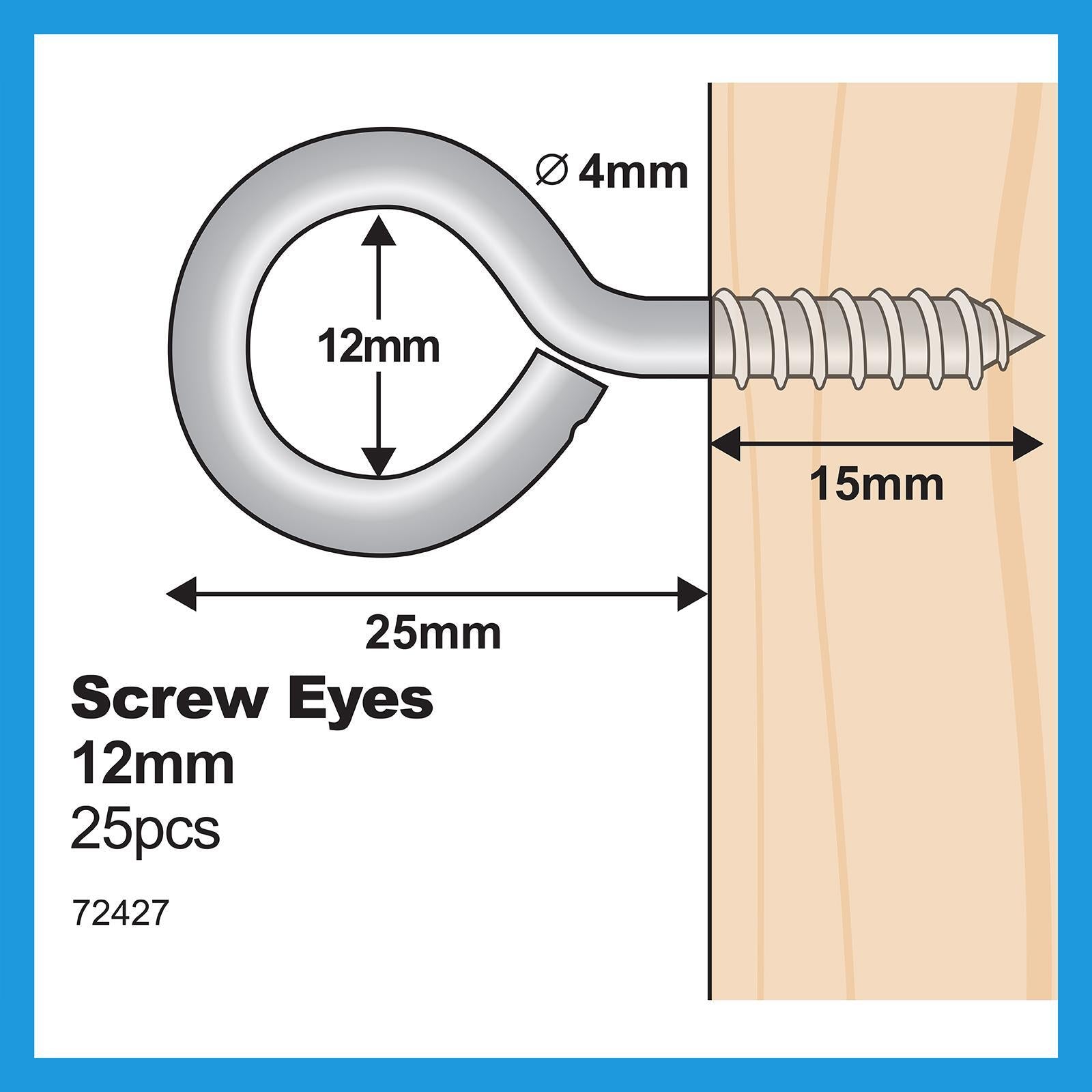 Everhang 12mm Zinc Plated Steel Screw Eye Hook - 25 Pack