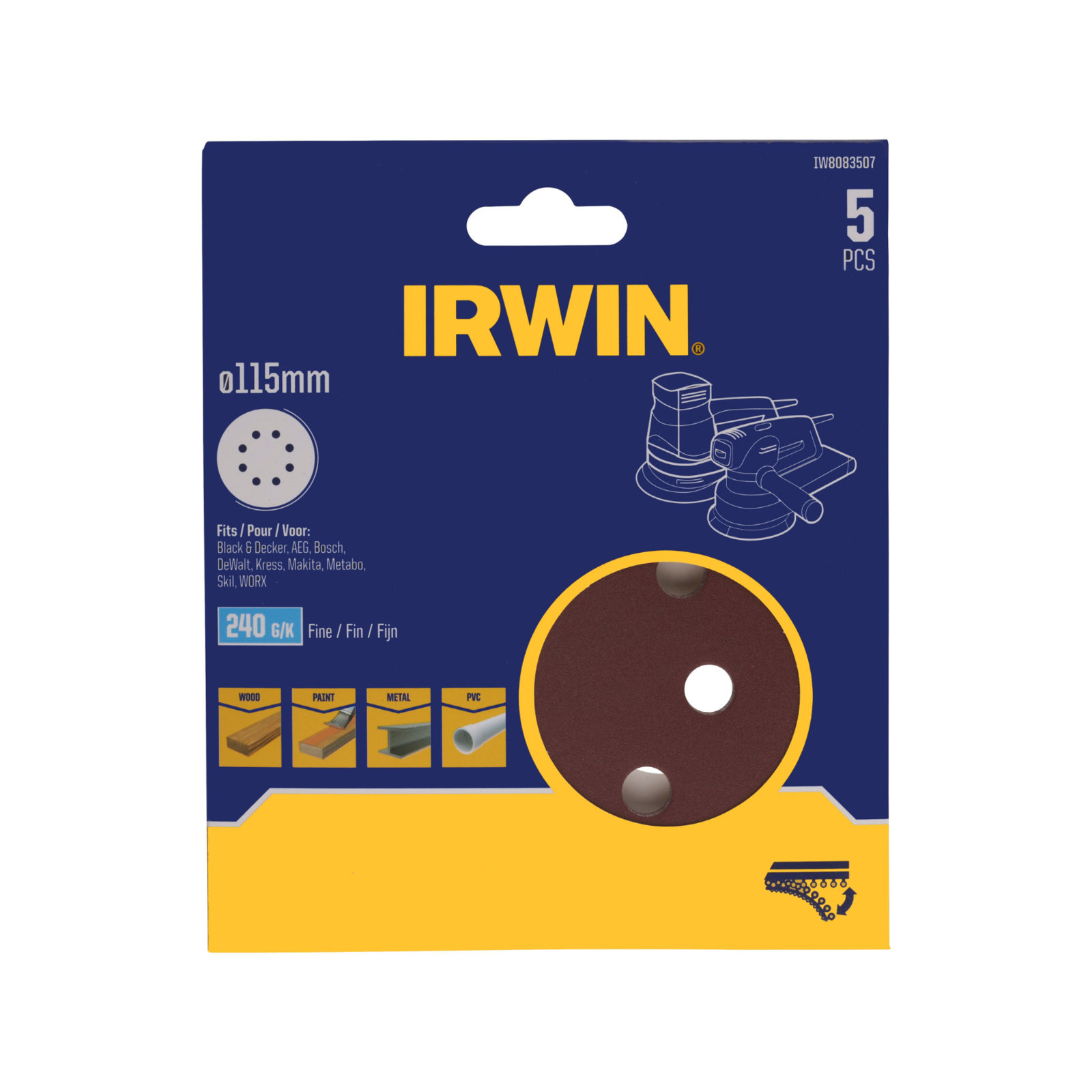 Irwin 115mm 240 Grit Quick Fit Random Orbital Sanding Discs 5 Pack, 8 Holes