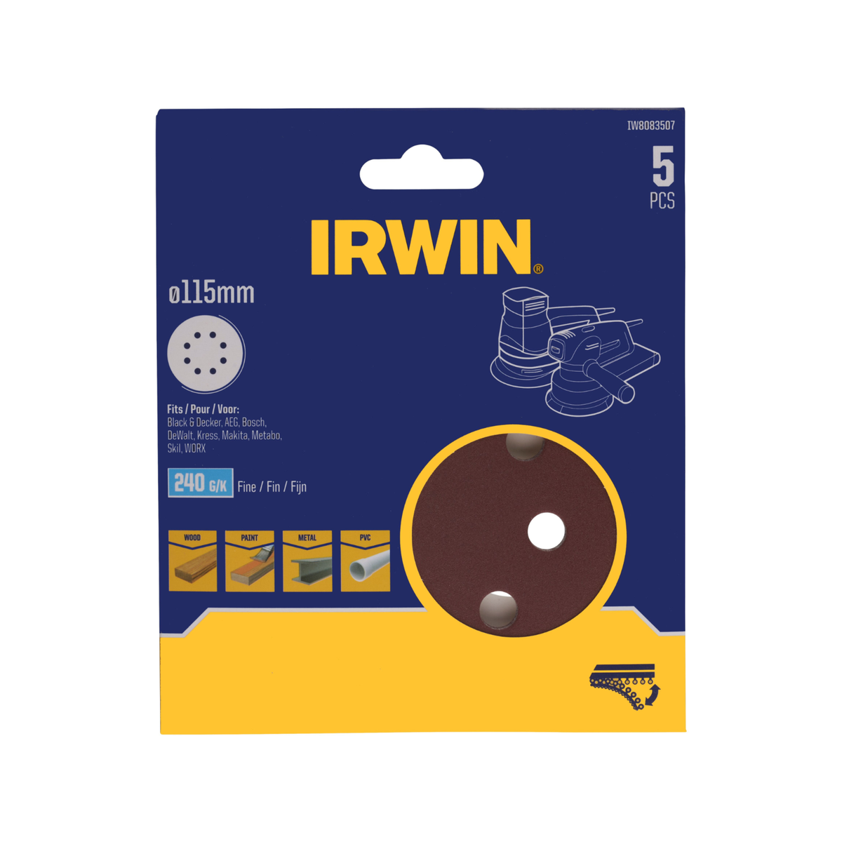 Irwin 115mm Quick Fit Random Orbital Sanding Discs 240 Grit 5 Pack - Efficient Sanding - SuperSaverAU - view 1