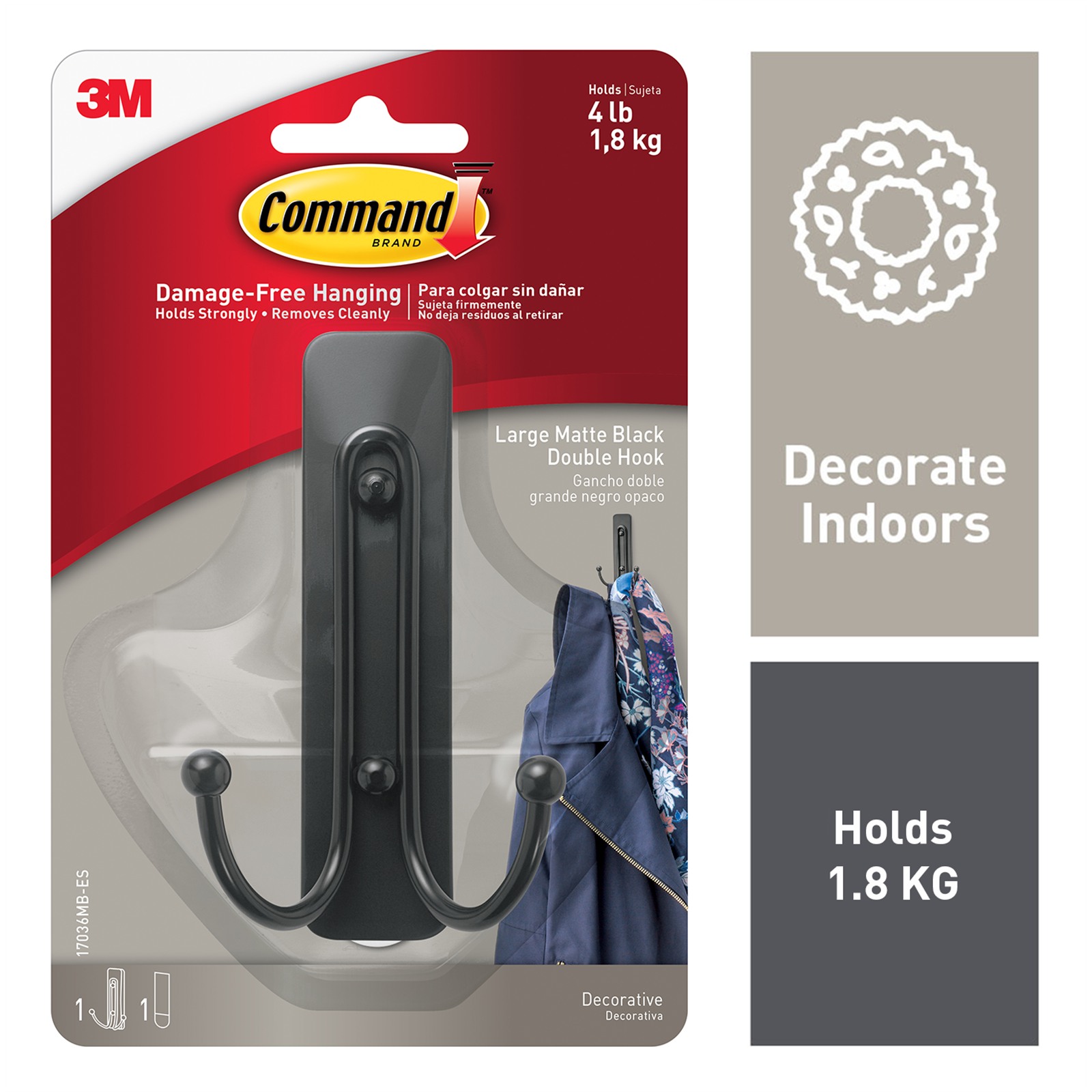 Command Large Matte Black Double Hook Plastic Adhesive 1 Pack