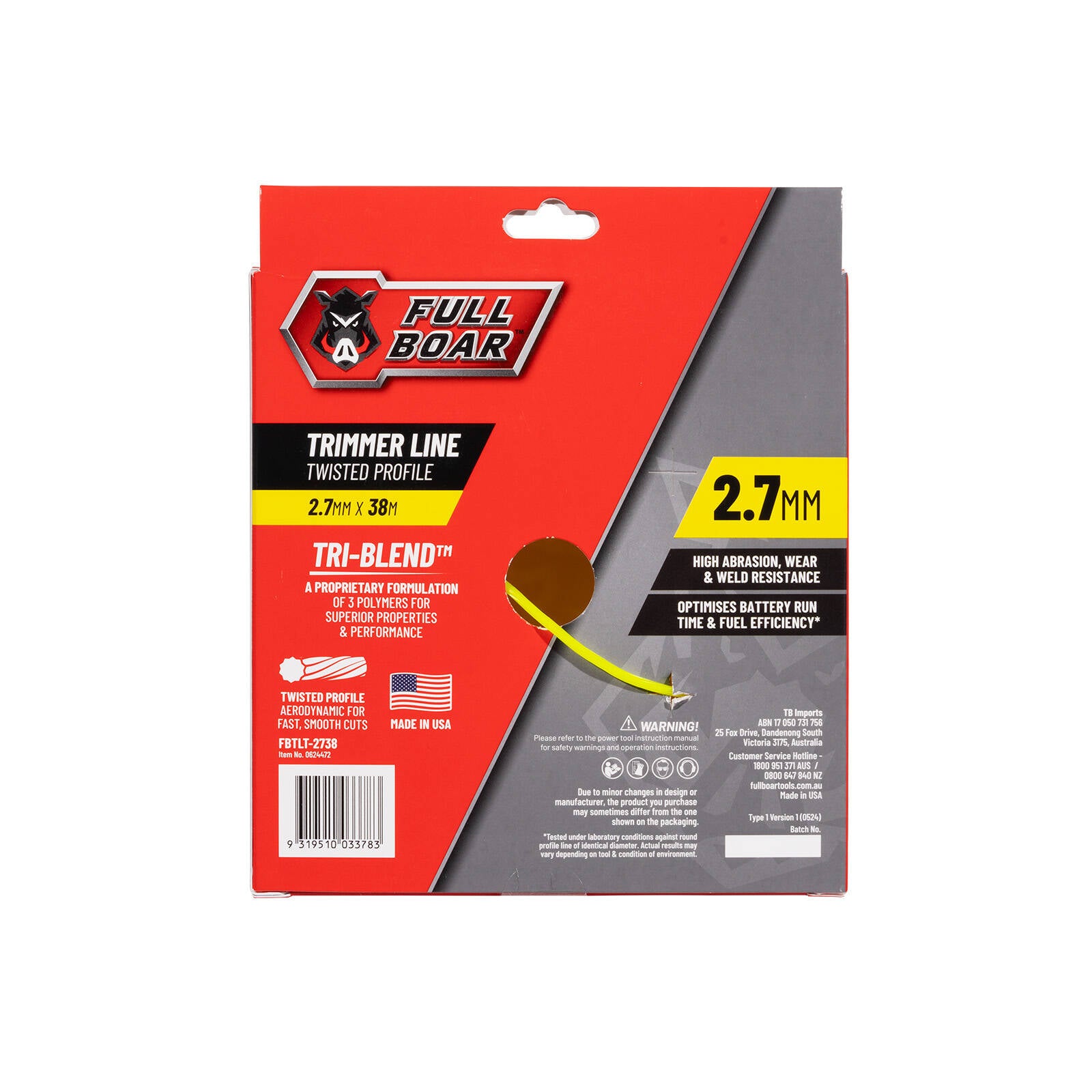 Full Boar 2.7mm x 38m Twisted Profile Trimmer Line - Whipper Snipper Cord
