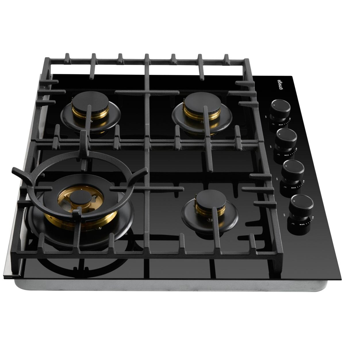 Omega 60cm Natural Gas Cooktop - Black Ceramic Glass, Wok Burner, Brass Burners, Cast Iron Trivets - OCGG604WB