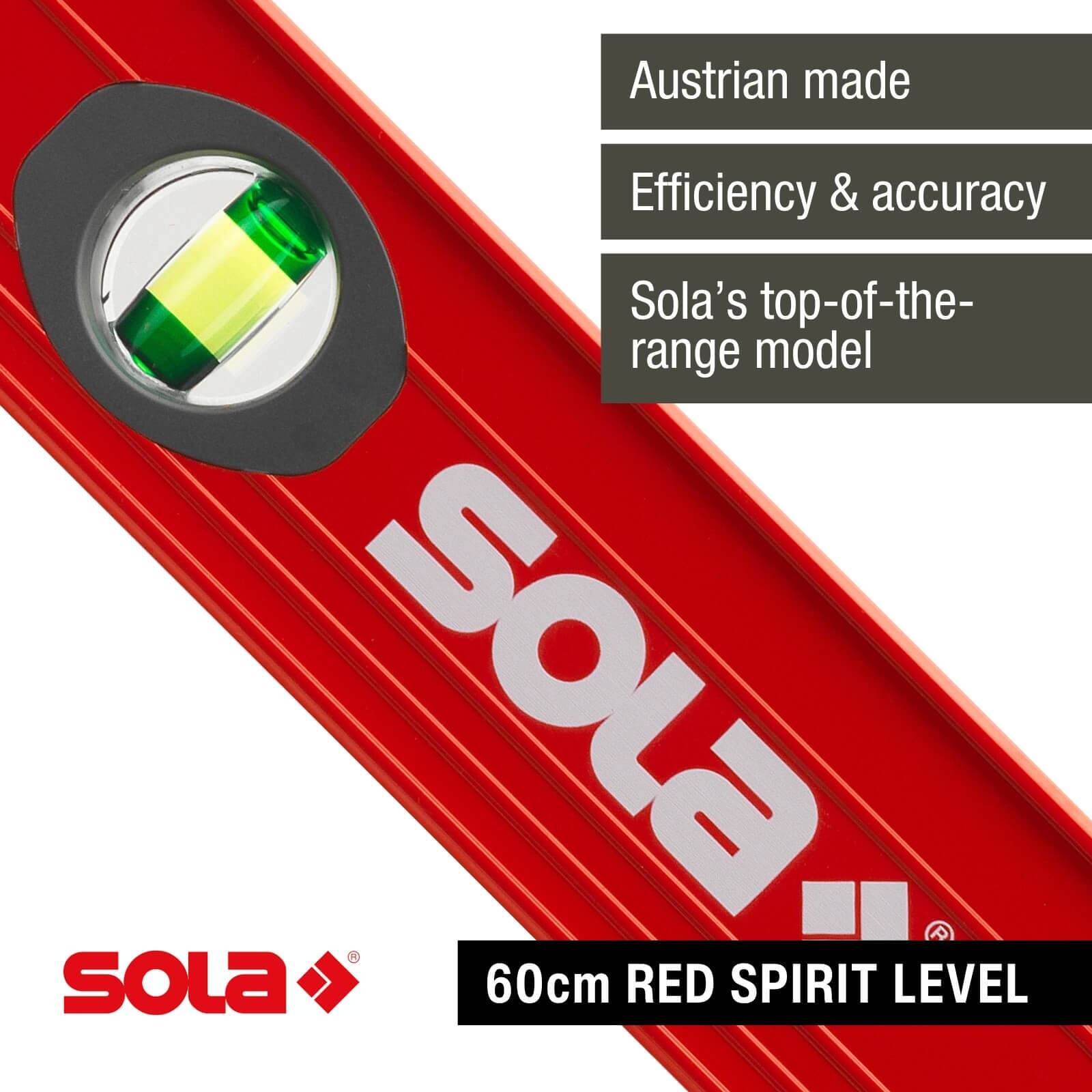 Sola 60cm Red Aluminium Spirit Level 3 Vials Waterproof with Case