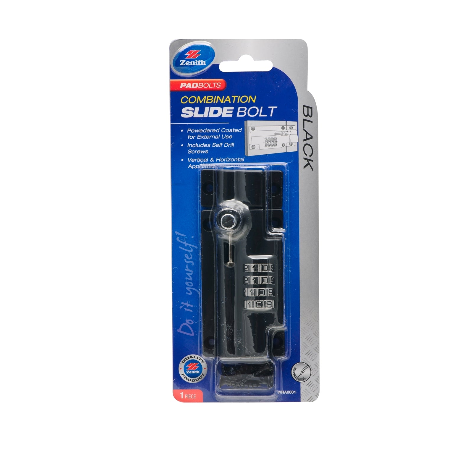 Zenith Combination Slide Bolt Lock Black Steel - Gates, Sheds & Garages