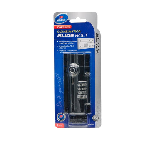 Zenith Combination Slide Bolt Lock Black Steel - Gates, Sheds & Garages