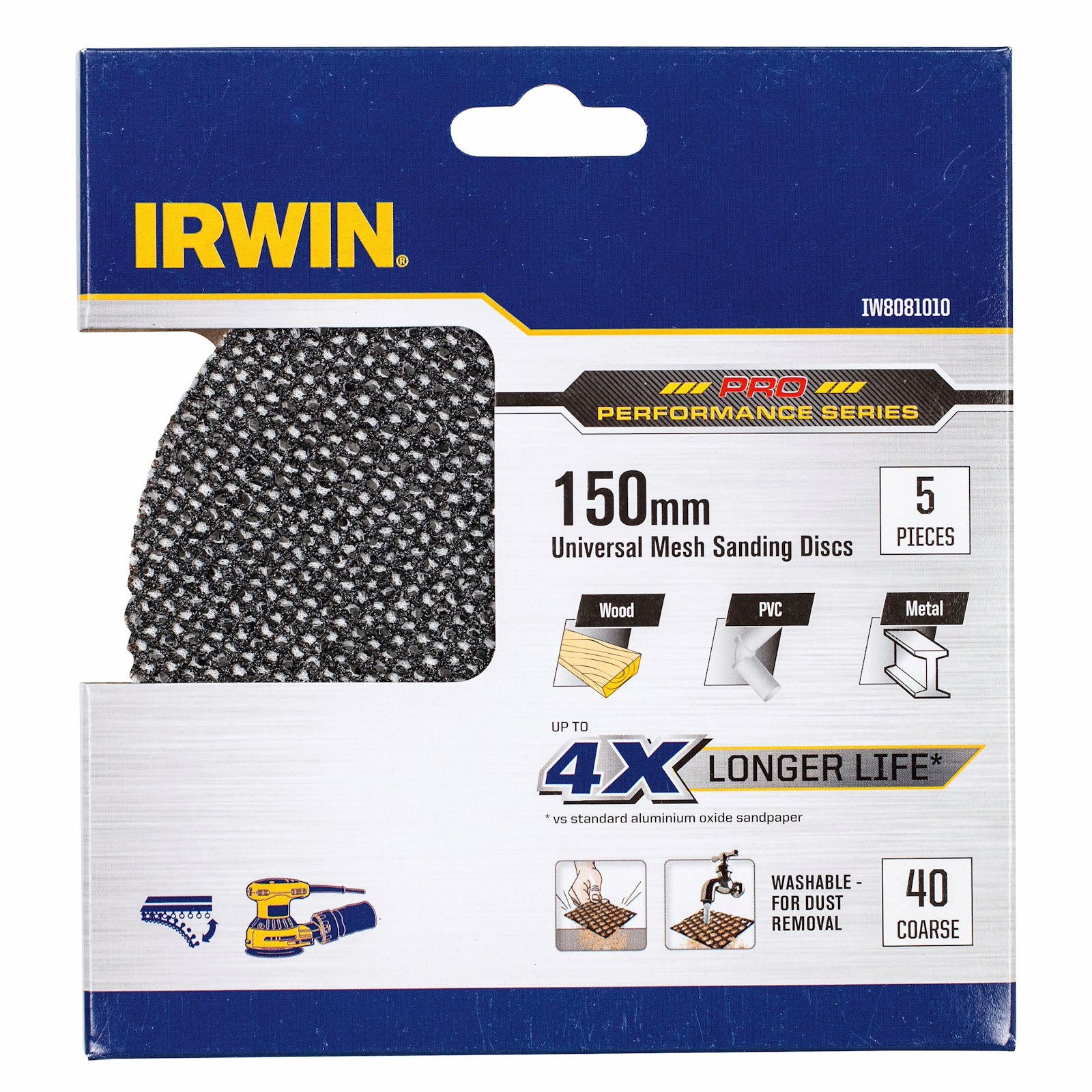 Irwin 150mm 40 Grit Orbital Sanding Disc Mesh Velcro 5 Pack