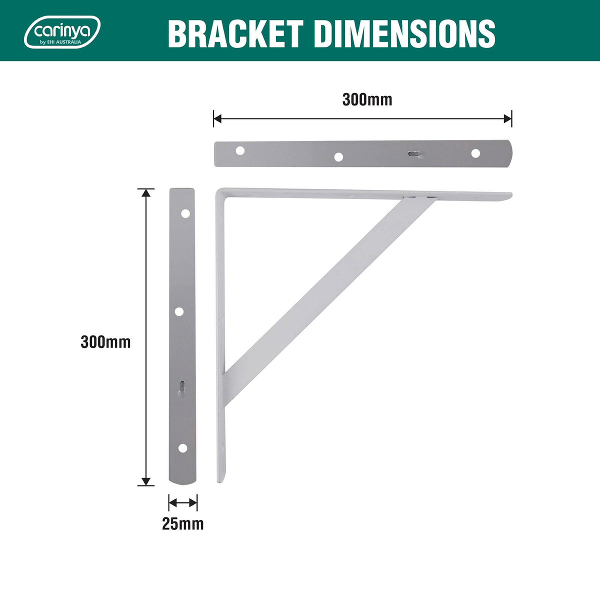Carinya 300 x 300mm White Powder Coated Steel Heavy Duty Straight Stayed Bracket, 125kg