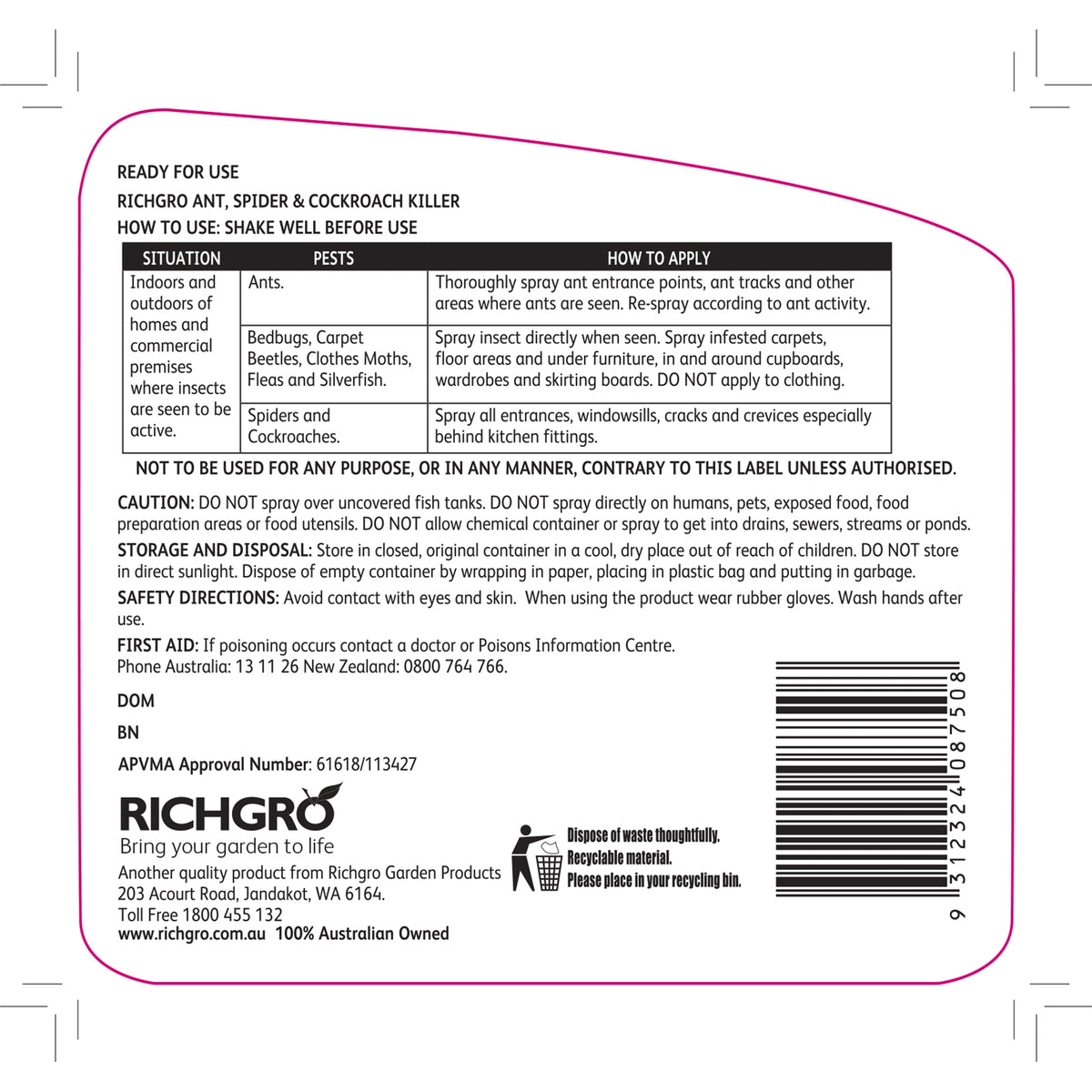 Richgro 1L Ready to Use Ant Spider and Cockroach Killer Indoor Outdoor