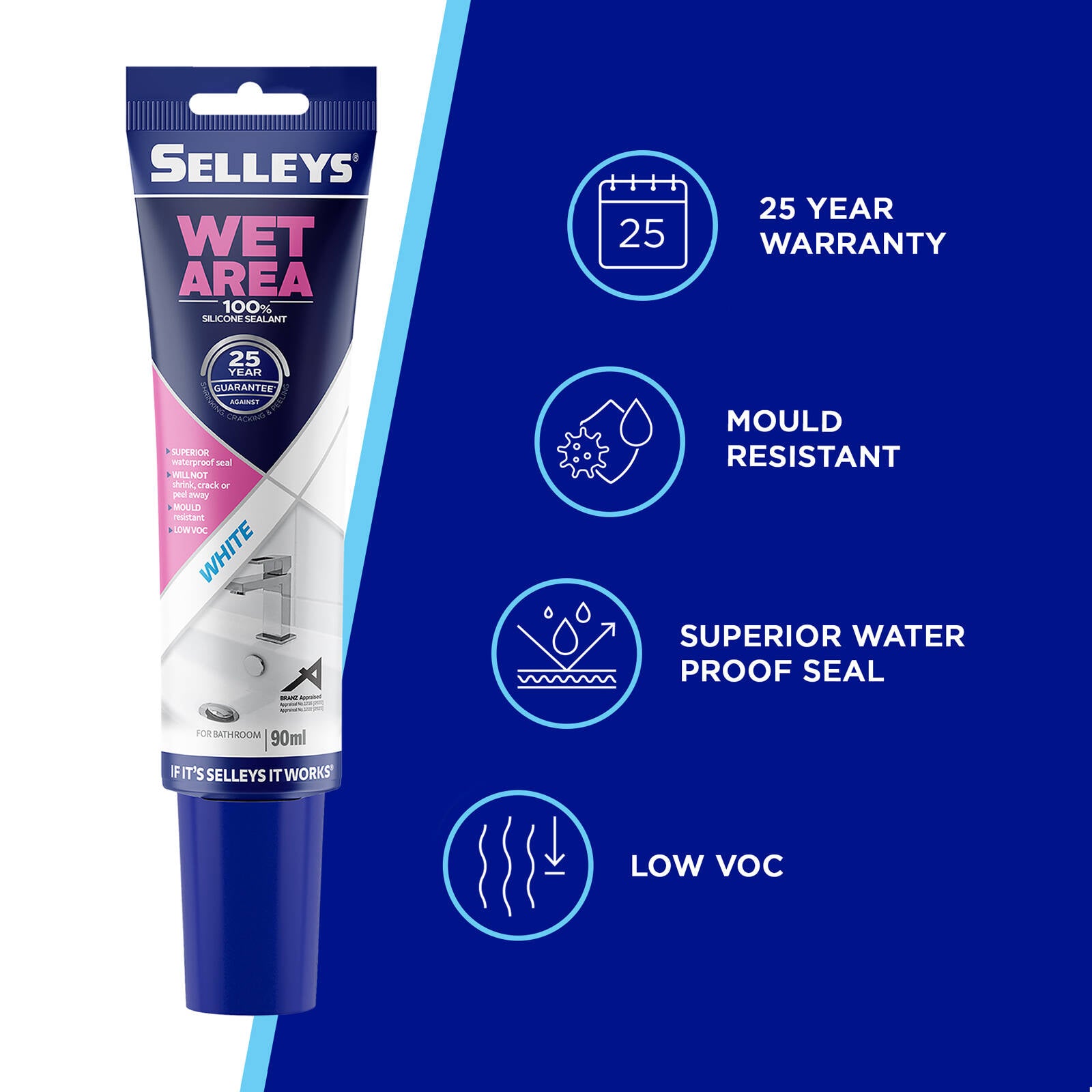 Selleys 90ml White Wet Area Silicone Sealant Indoor