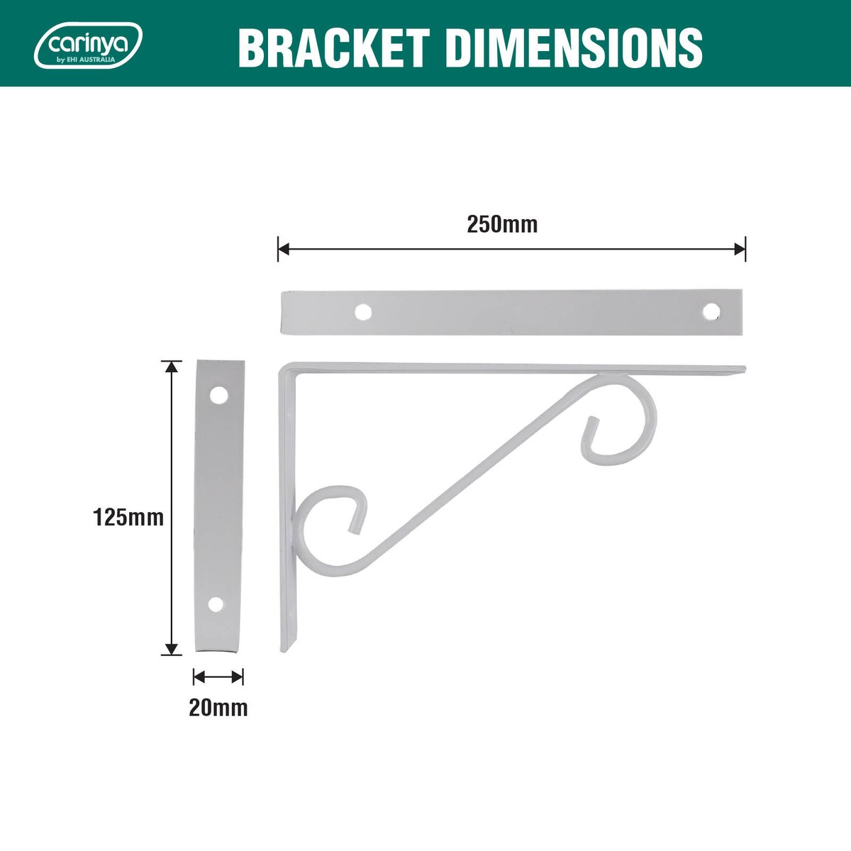 Carinya 250 x 125mm White Powder Coated Steel Scroll Stayed Bracket 80kg
