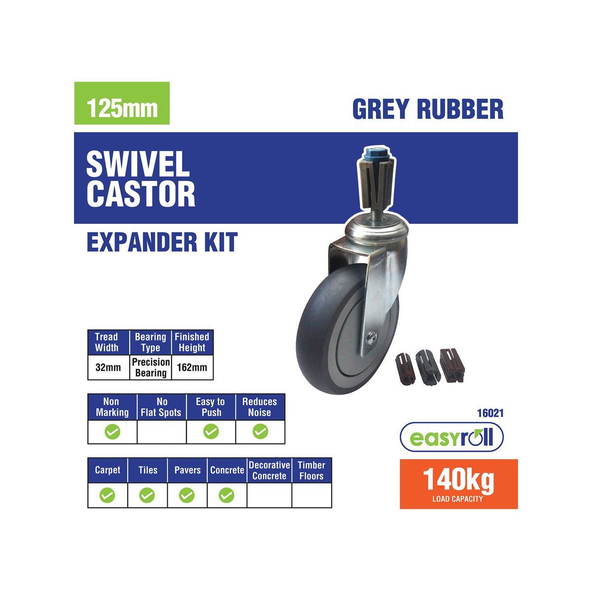 Easyroll 125mm 140kg Grey Rubber Castor Expander Kit