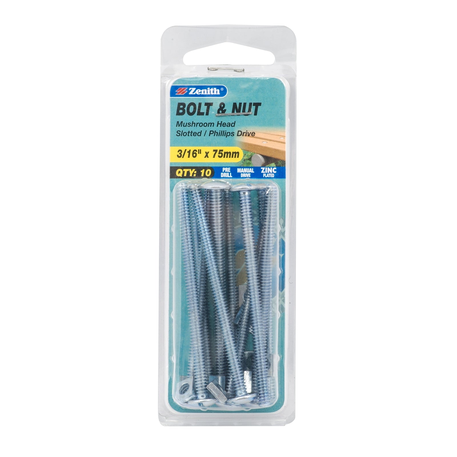 Zenith 3/16" x 75mm Zinc Plated Mushroom Head Bolt and Nut - 10 Pack