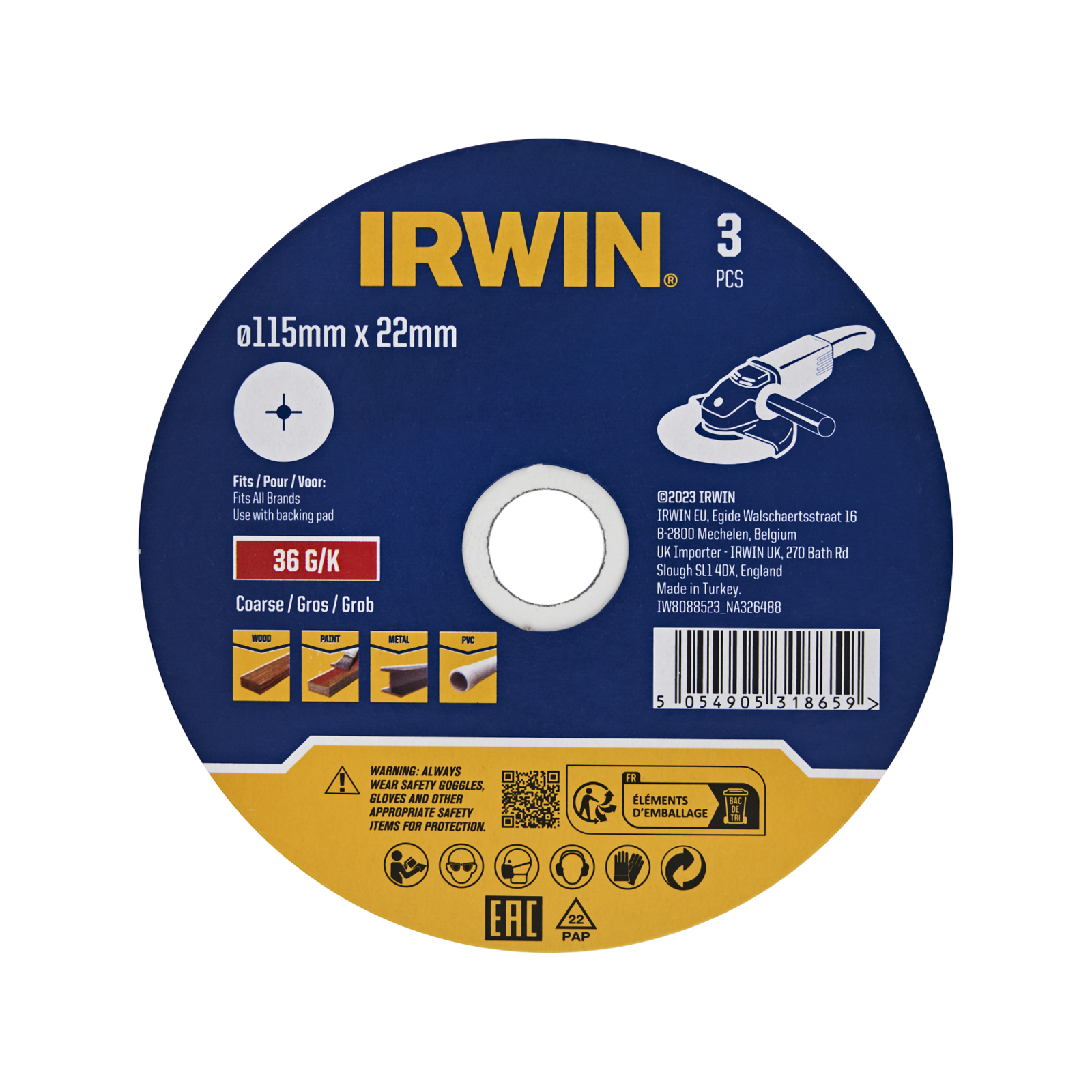 Irwin 115 x 22mm 36 Grit Fibre Disc 3 Pack for Wood & Metal