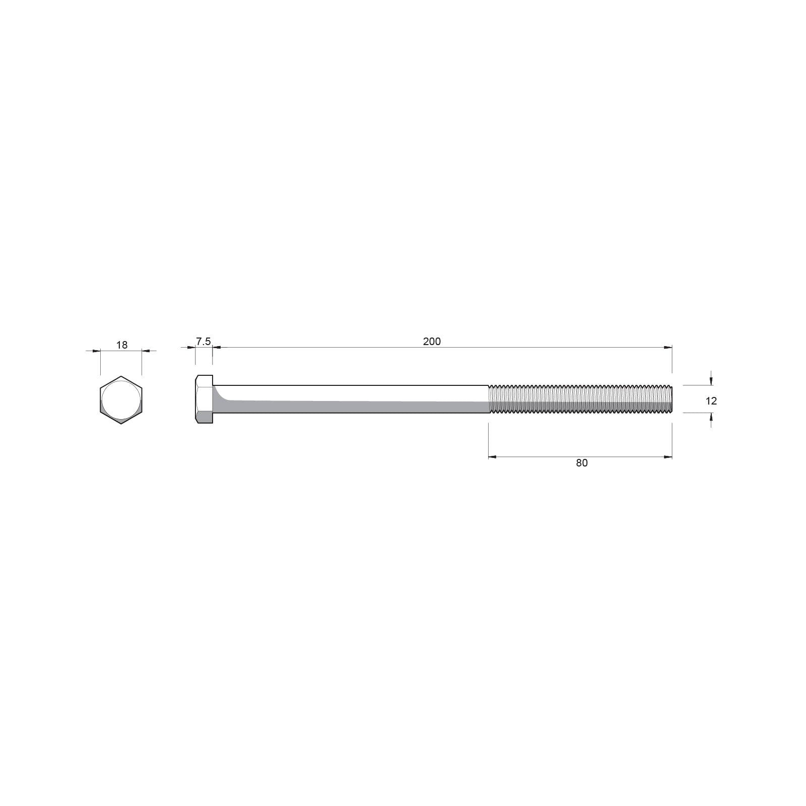 Zenith M12 x 200mm Hot Dip Galvanised Hex Head Bolt and Nut - Each