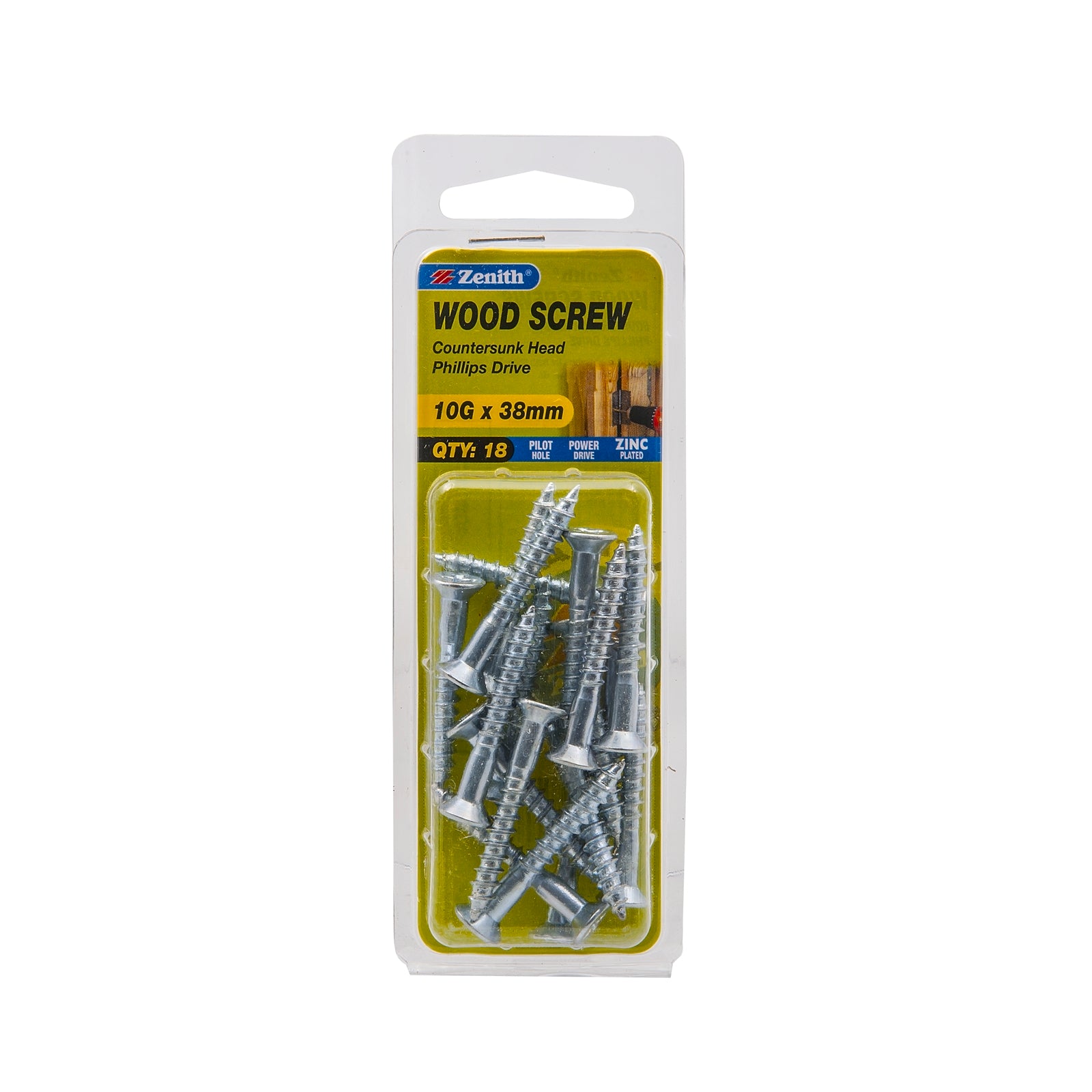 Zenith 10G x 38mm Zinc Plated Countersunk Head Wood Screws, Needle Point, 18 Pack