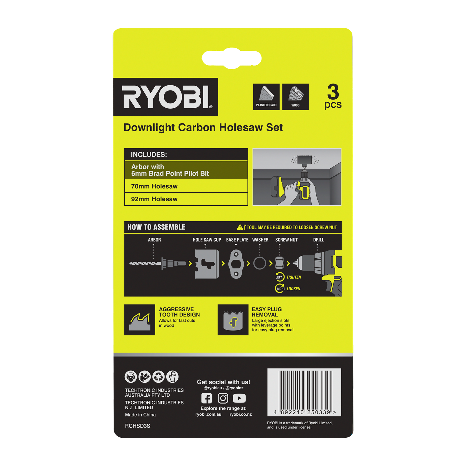 Ryobi 3 Piece Downlight Carbon Holesaw Set - 70mm & 92mm