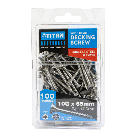 Titan 10G x 65mm Wide Head Decking Screw 304 Stainless Steel - 100 Pack