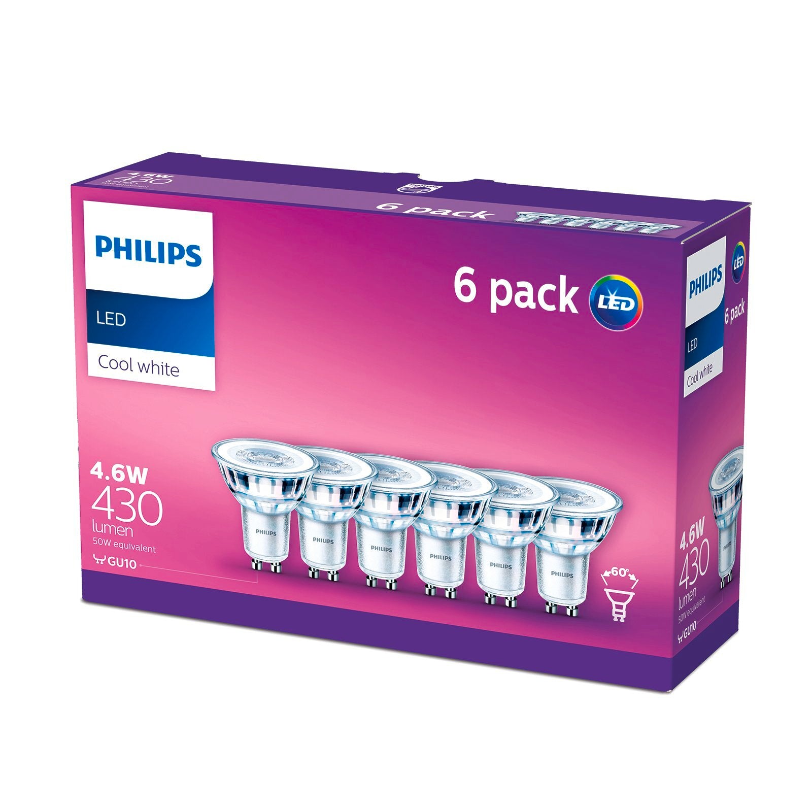 Philips LED Cool White Classic GU10 4.6W 430lm Globe 6 Pack 929001287798