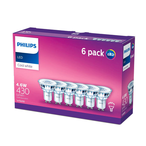 Philips LED Cool White Classic GU10 4.6W 430lm Globe 6 Pack 929001287798