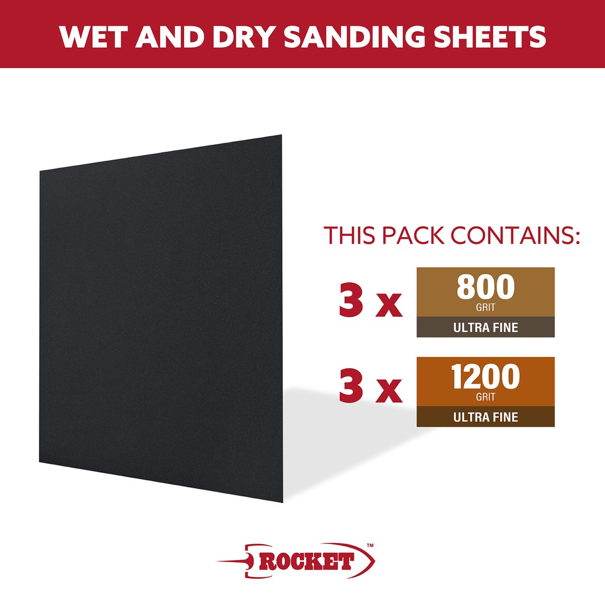 Rocket 800/1200 Grit Wet & Dry Sanding Sheets - 6 Pack, for Metal & Auto