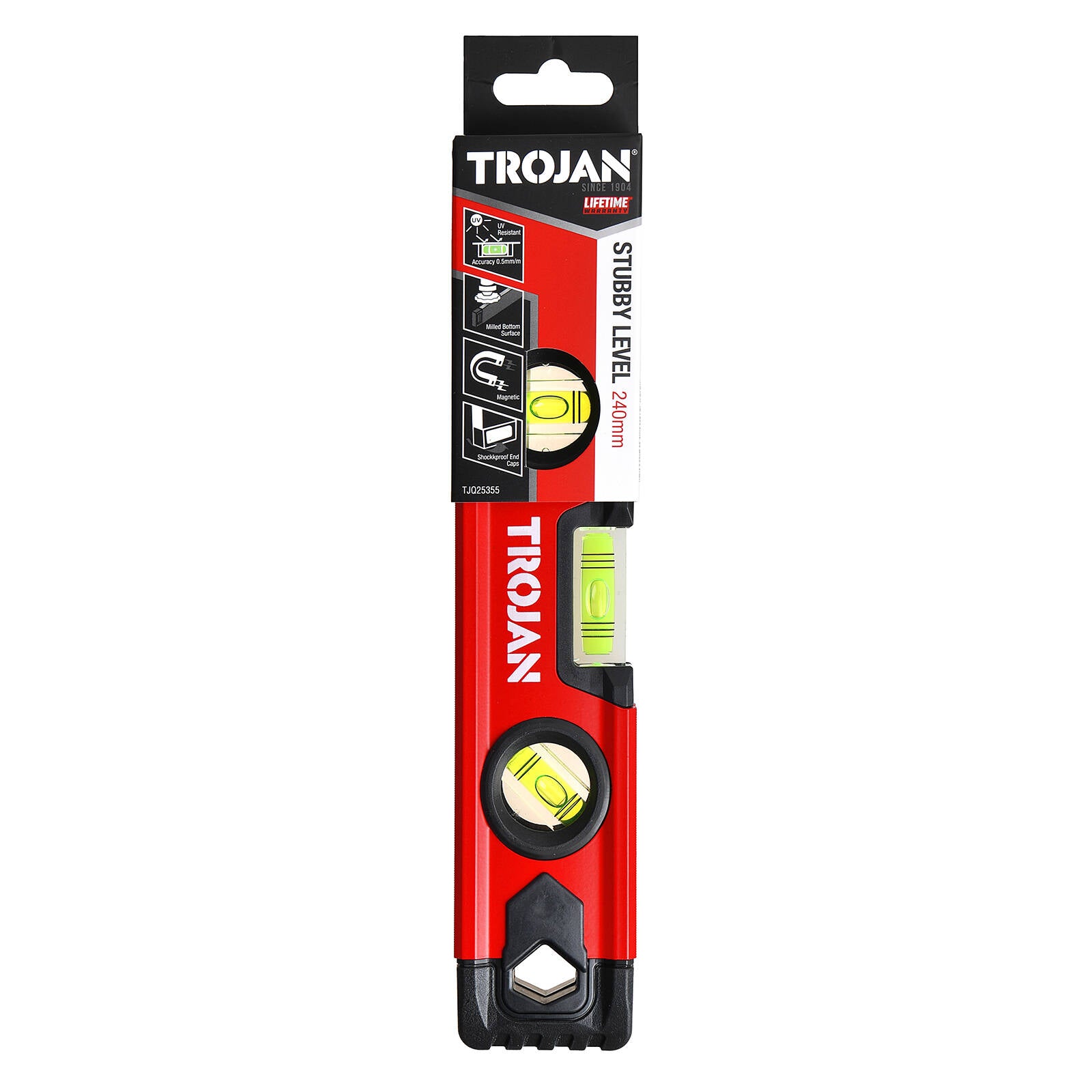 Trojan 240mm Magnetic Stubby Level, Aluminium Frame, 3 Vials