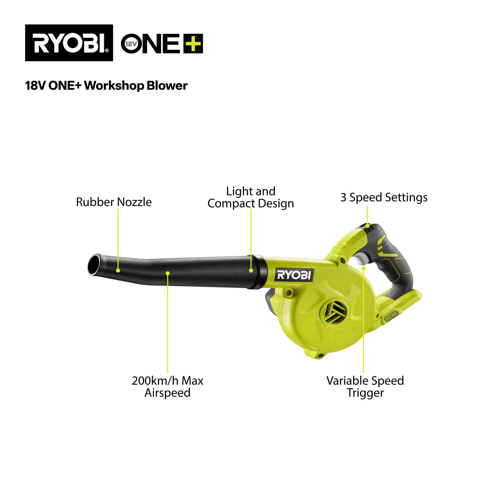 RYOBI 18V ONE+ Workshop Blower R18TB-0 Cordless Skin Only, Black/Hypergreen