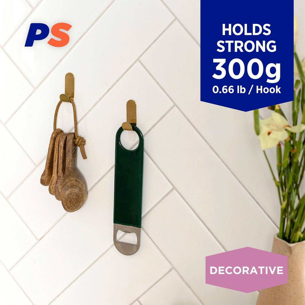 Permastik Small Brass Metal Hooks 6 Pack - 110mm x 170mm - Holds 300g - SuperSaverAU - view 2