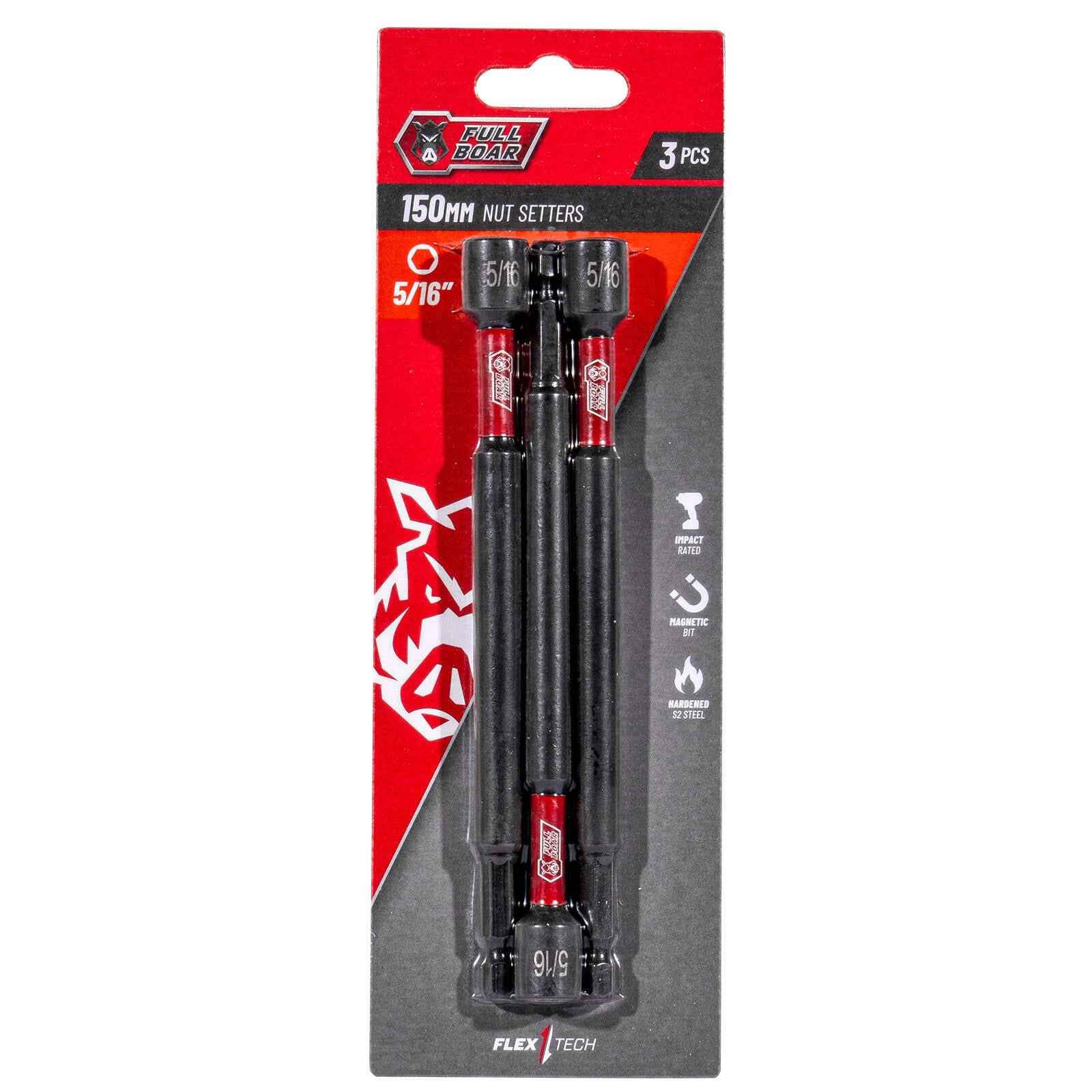 Full Boar 5/16" x 150mm S2 Steel Magnetic Impact Nut Setters 3 Pack