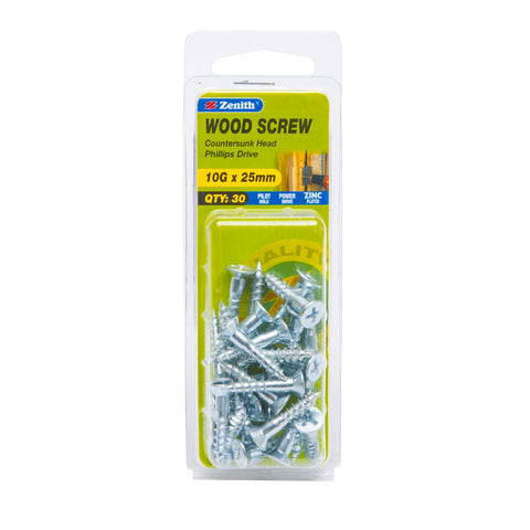 Zenith 10G x 25mm Zinc Plated Countersunk Head Wood Screws, Needle Point, 30 Pack