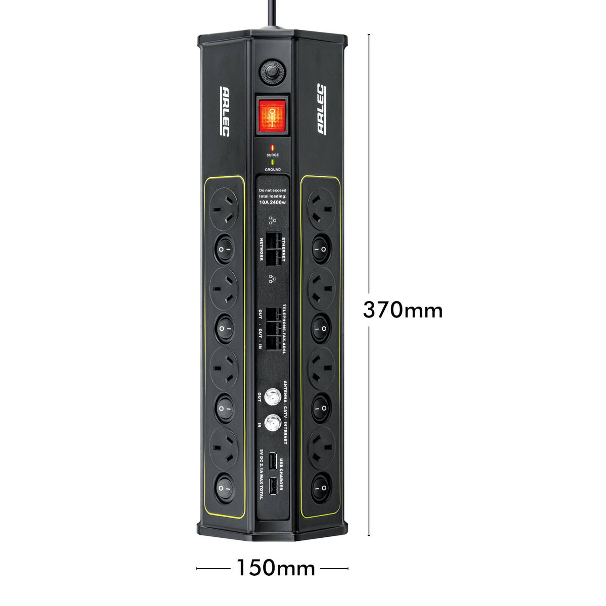 Arlec 8 Outlet Surge Protected Powerboard with USB, CAT6 and ADSL