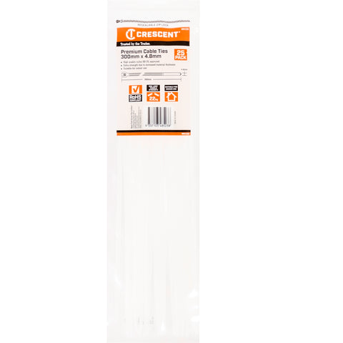 Crescent 300 x 4.8mm Natural Nylon Cable Ties - 25 Pack