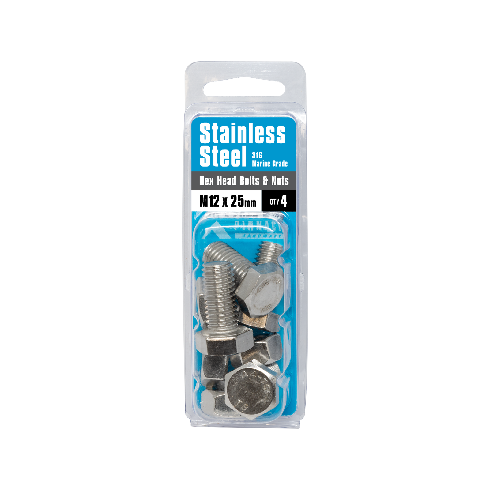 Pinnacle M12 x 25mm 316 Stainless Steel Hex Head Bolts and Nuts - 4 Pack