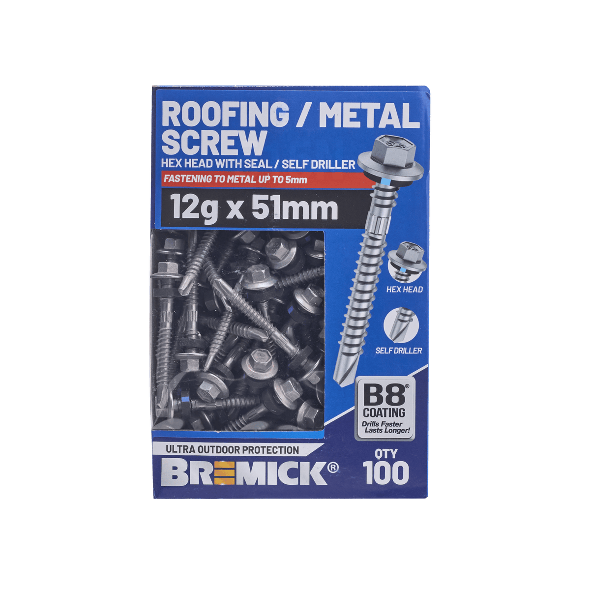 Bremick 12G x 51mm Hex Roofing Screw with Seal, Drill Point Fine Thread - 100 Box