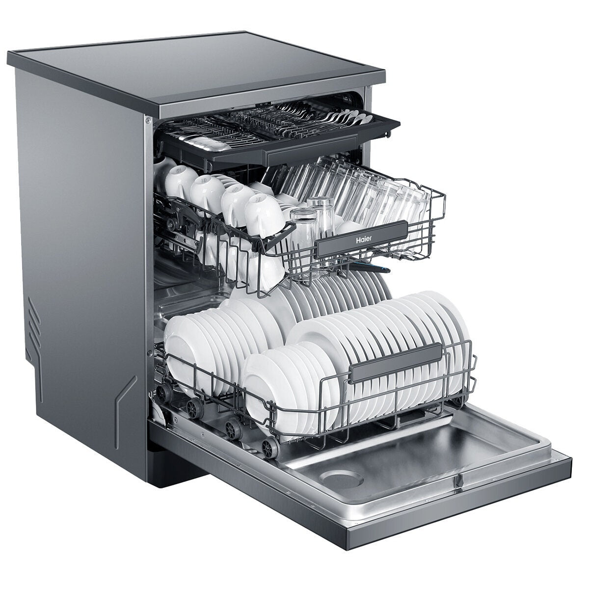 Haier 60cm Freestanding Dishwasher with Steam - 15 Place Settings - Satina - Auto Door Opening - HDW15F3S1