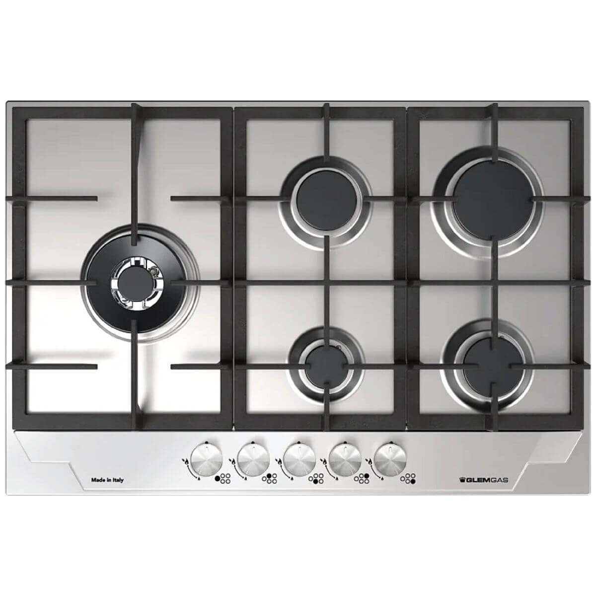Glem Gas 75cm Natural Gas Cooktop - Stainless Steel, Five Burners, Wok Burner, Flame Failure - GTD75AU