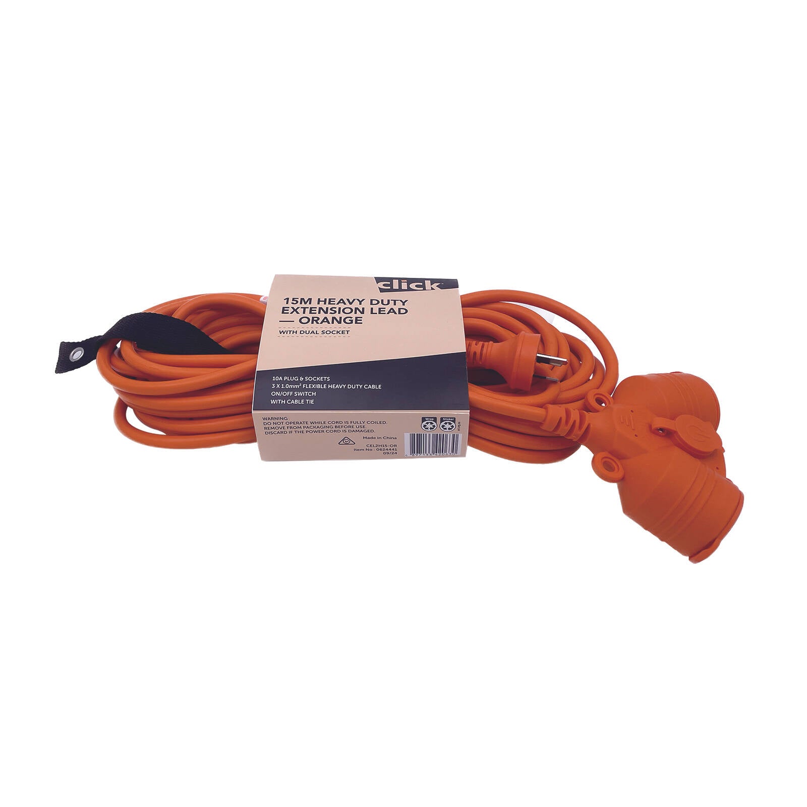 Click 15m Orange Heavy Duty Extension Lead with Dual Socket 10A 2400W
