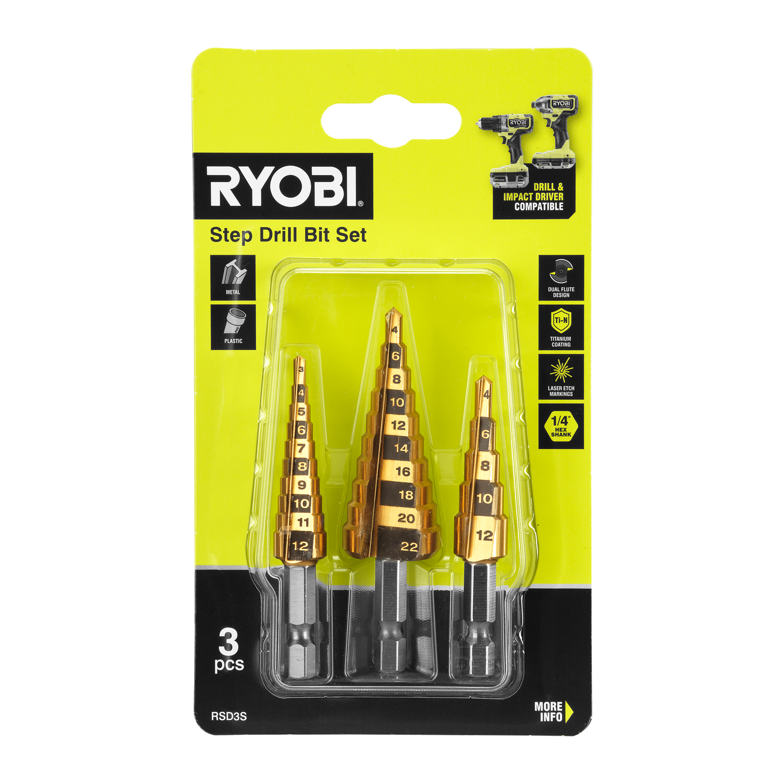 Ryobi 3 Piece Step Drill Bit Set for Metal & Plastic, Multi-Size Holes