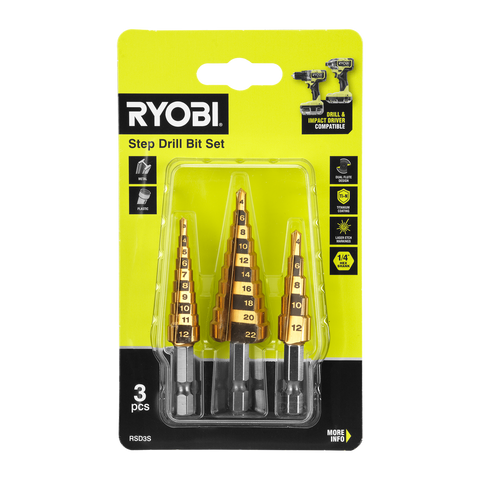 Ryobi 3 Piece Step Drill Bit Set - 5 Step (4mm-12mm) & 10 Step (3mm-22mm) - Titanium Nitride Coating - Precision Drilling - SuperSaverAU - view 1