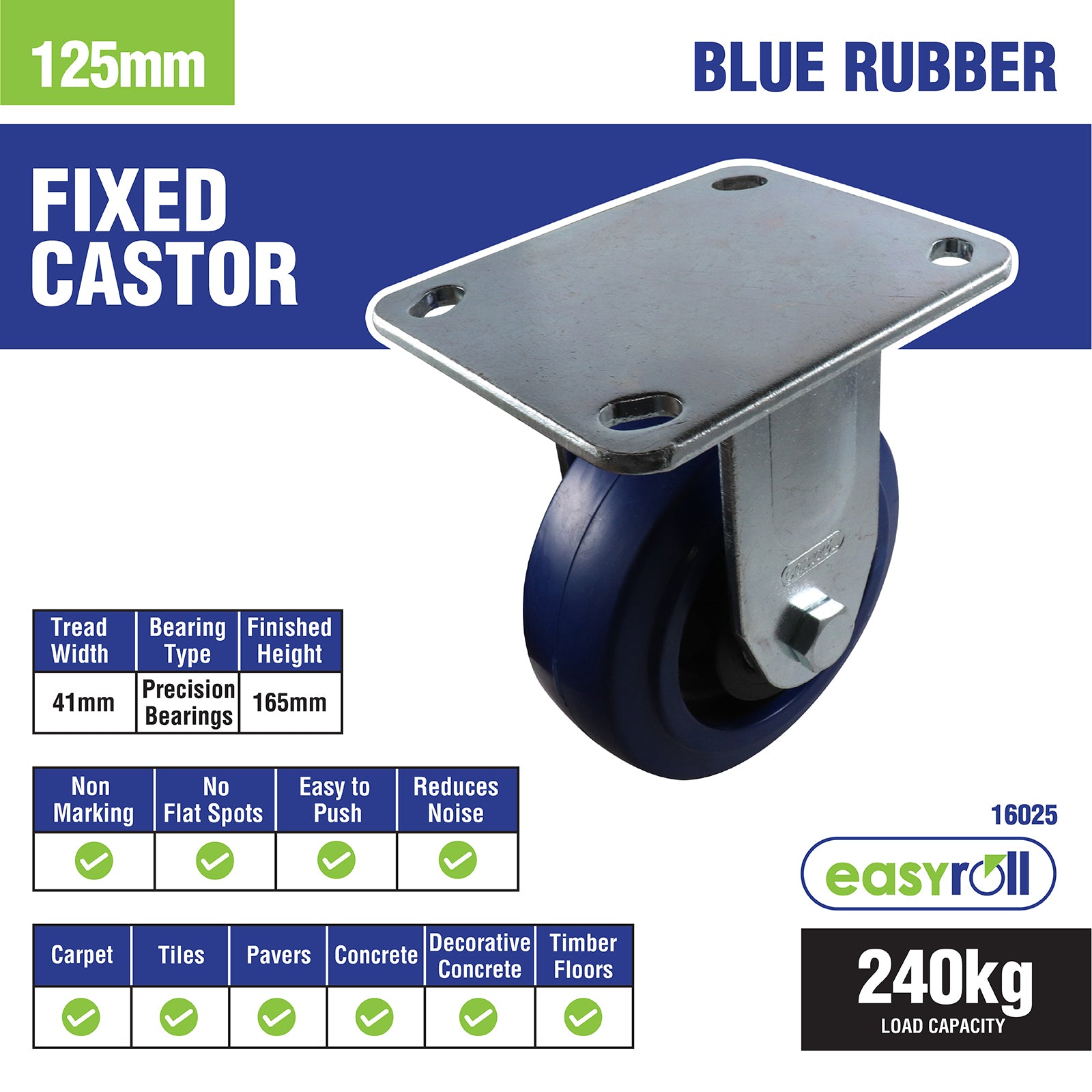 Easyroll 125mm Blue Elastic Rubber Fixed Plate Castor
