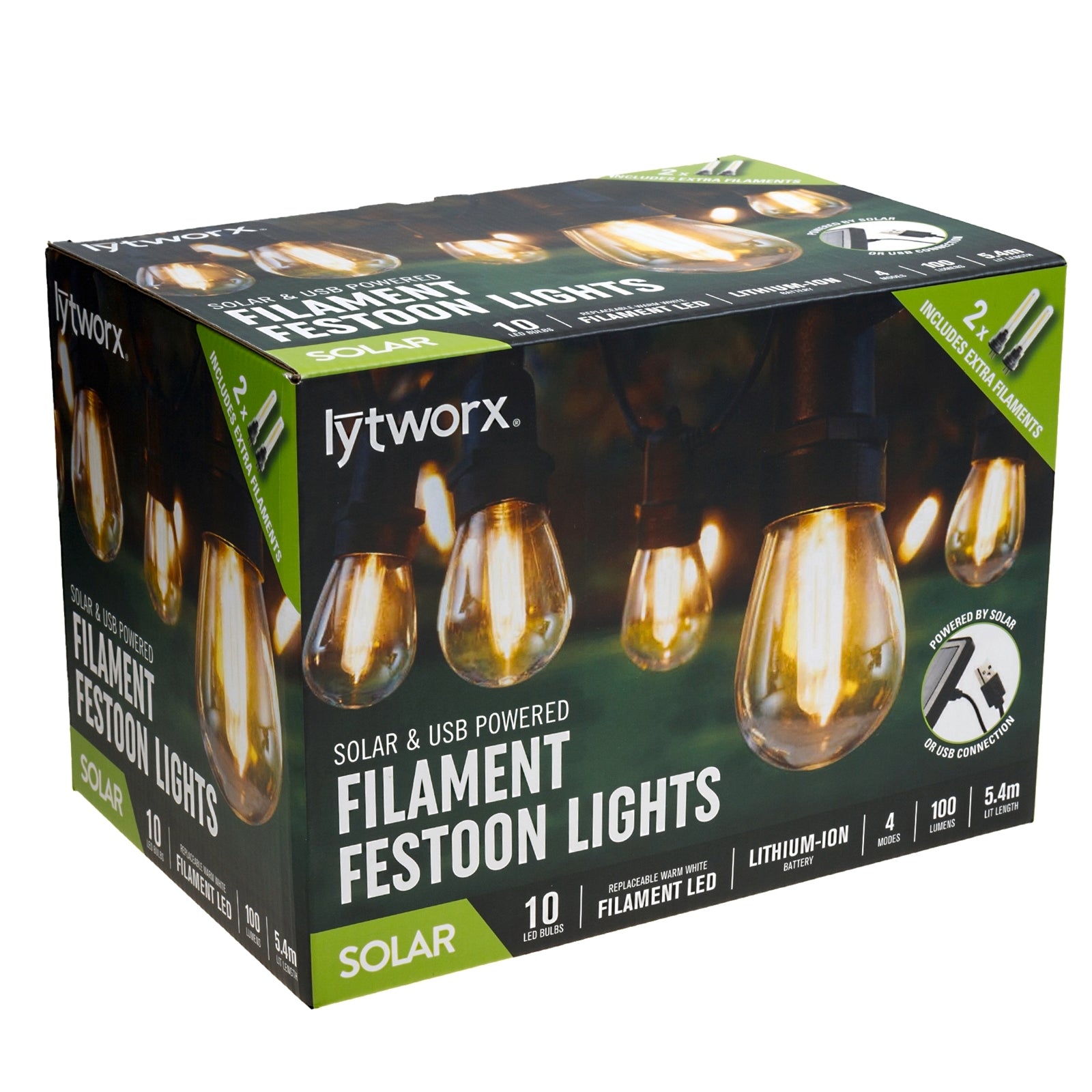 Lytworx 5.4m Filament Festoon Solar and USB LED Lights 10 Bulb Warm White