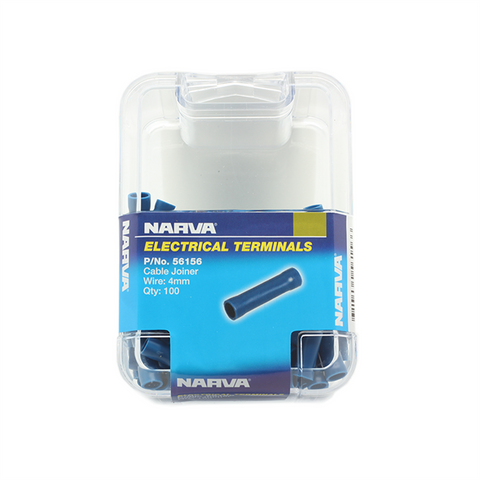 Narva 4mm Blue Flared Vinyl Fully Insulated Butt Splice Cable Joiner - 100 Pack