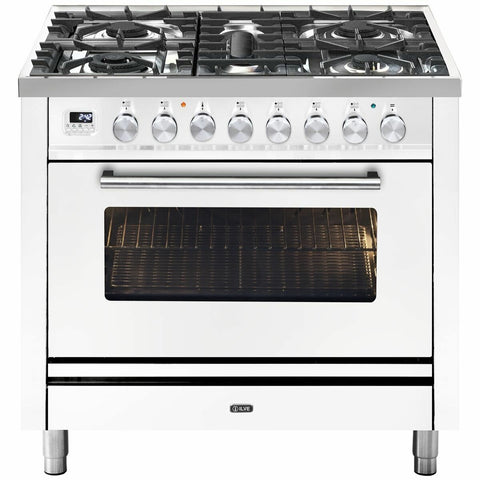 ILVE 90cm Dual Fuel Freestanding Oven - Five Burners, 97L Single Oven, White - P09PDWE3WH