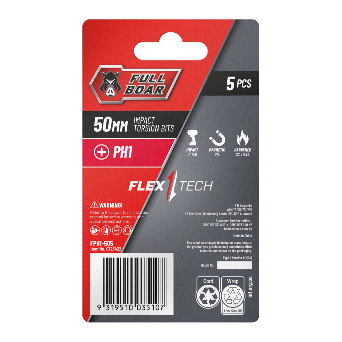 Full Boar PH1 x 50mm S2 Steel Magnetic Impact Torsion Bit 5 Pack