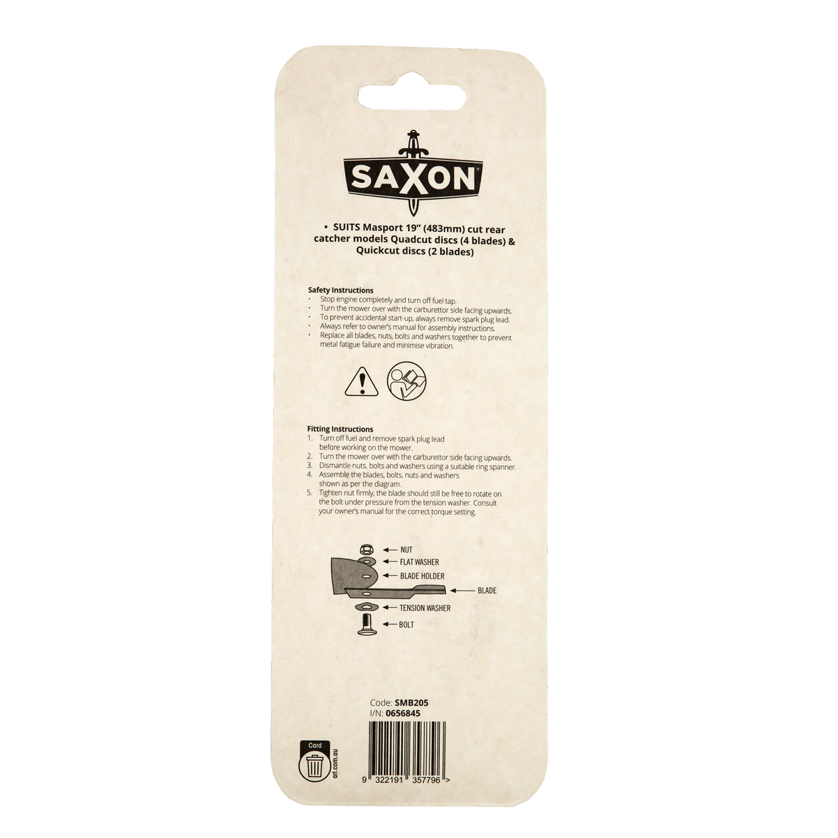Saxon 19" Mower Blade & Bolt Set 13mm Hole Suits Masport Quadcut/Quickcut