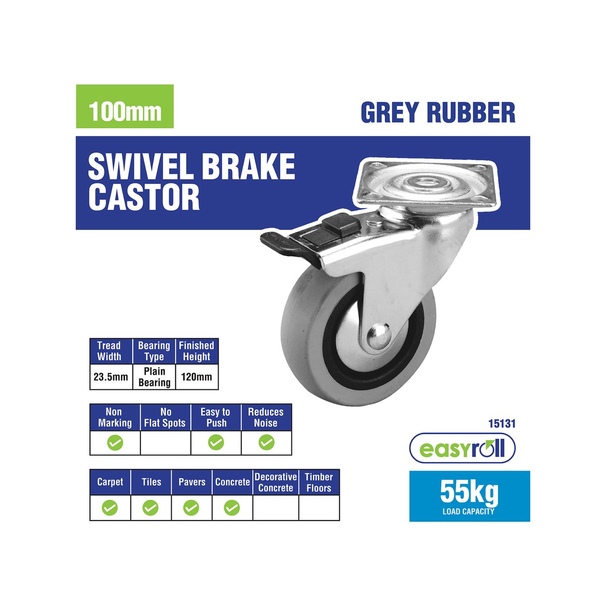 Move It 100mm Grey Rubber Heavy Duty Swivel Castor with Brake, 55kg Load