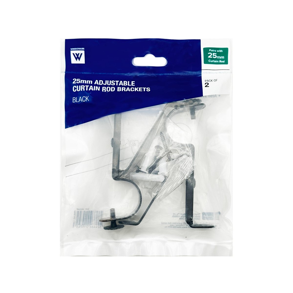 Windoware 25mm Black Metal Adjustable Curtain Bracket - 2 Pack