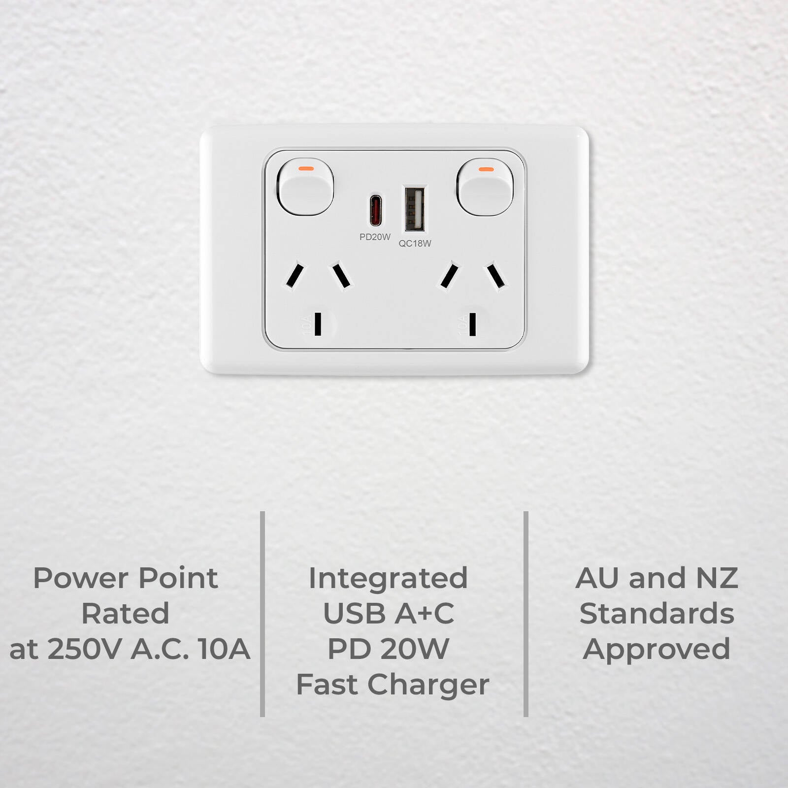DETA 6000 Double Power Point with USB-A & USB-C PD20W Fast Charging White Indoor