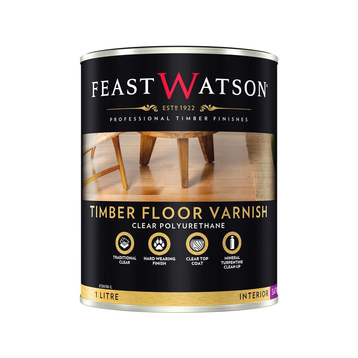 Feast Watson 1L Satin Timber Floor Varnish, Clear Oil-Based, Hard-Wearing Interior Floor Finish